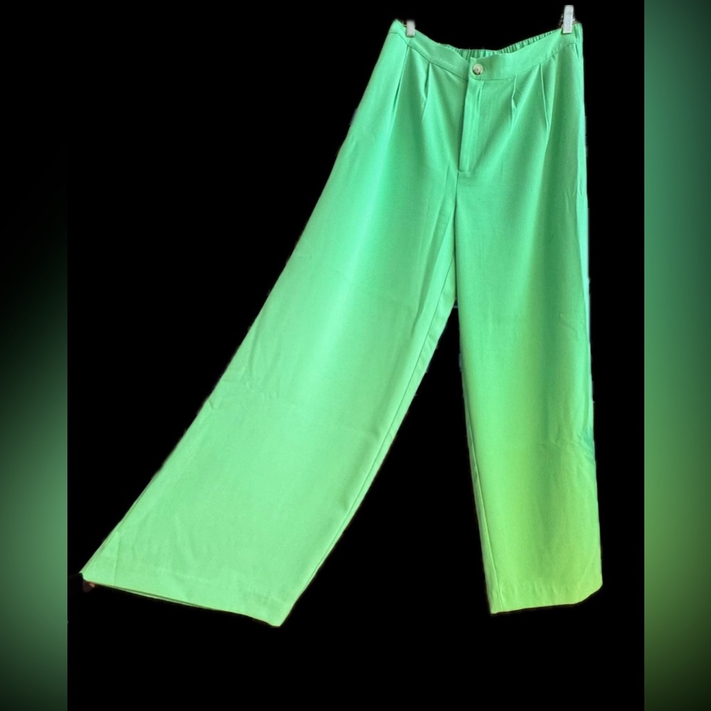 Central Park West Women's High Rise Wide Leg Trousers, Green Size L